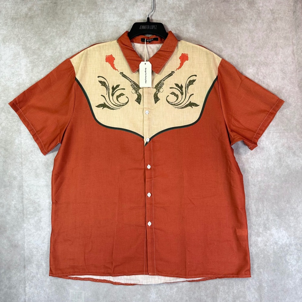 Ouku Shirt Mens XL Orange Cream Cotton Linen Western Pistol Graphic Short Sleeve
